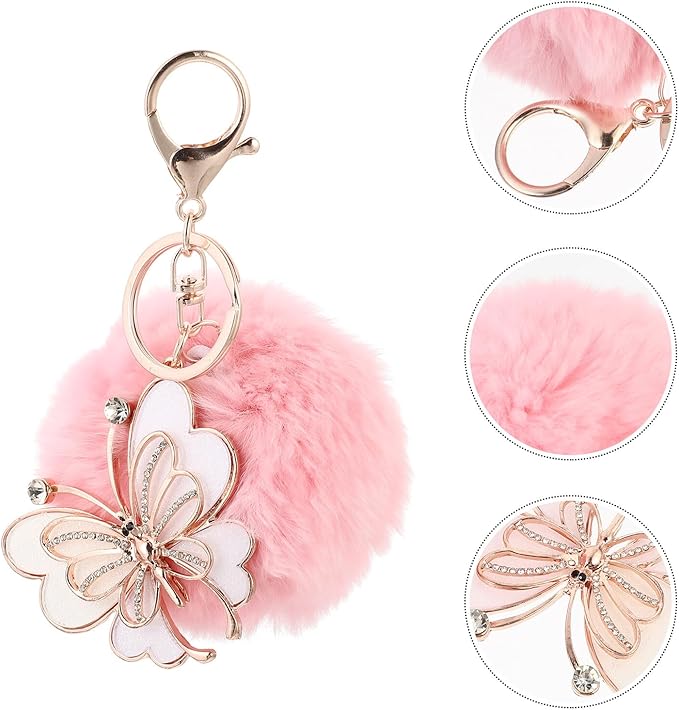 SUPVOX Diamond-encrusted Fur Ball Key Chain Pendant Butterfly Charm Pink Fuzzy Ball Key Ring for Bags Car Lightweight Creative Accessory