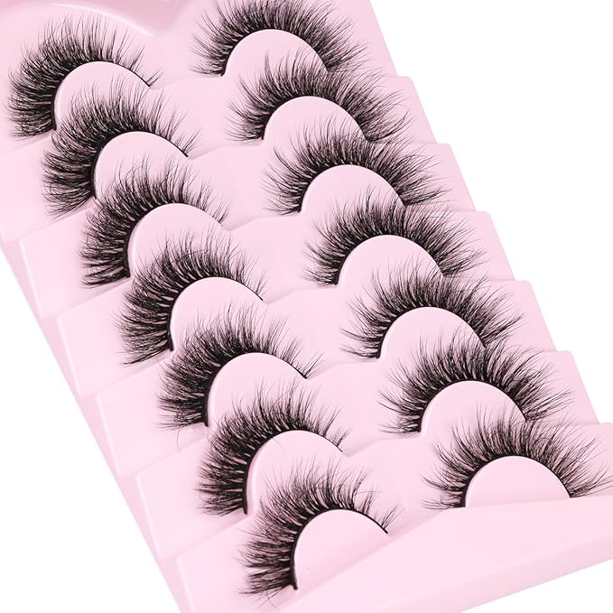 Lashes Natural Look Faux Mink Lashes Wispy Eyelashes Short Natural False Lashes Cat Eye 6D Volume Strip Lashes Pack 7 Pairs
