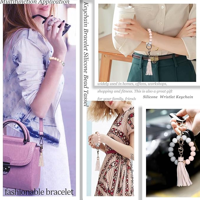 BIHRTC Key Ring Bracelet Car Keychain Holder Wristlet Silicone Women Beaded Bangle Chains