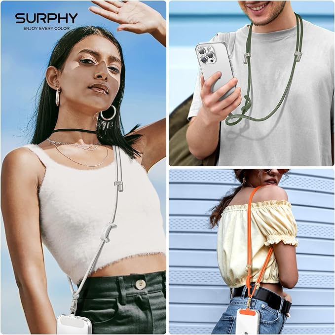 SURPHY Phone Lanyard, Adjustable Phone Strap Crossbody with 2 Pack Cell Phone Tether Tab, Premium Metal Buckles, Skin-Friendly, Universal Cell Phone Lanyard Crossbody for Women and Men, Orange