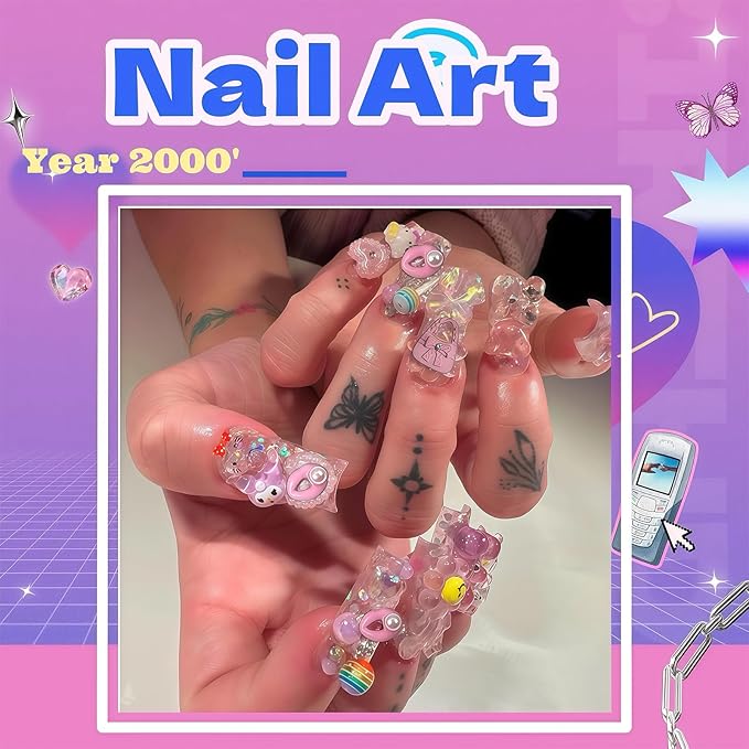 84 pcs 3D Sliver Pink Nail Charms Y2K Set Cute Nail Charms with Stars, Crowns, Crosses,Bins,Lollipops, Lips, Bottles, Cups, Perfume, Lipsticks, Bags, and Heels for Nail Art