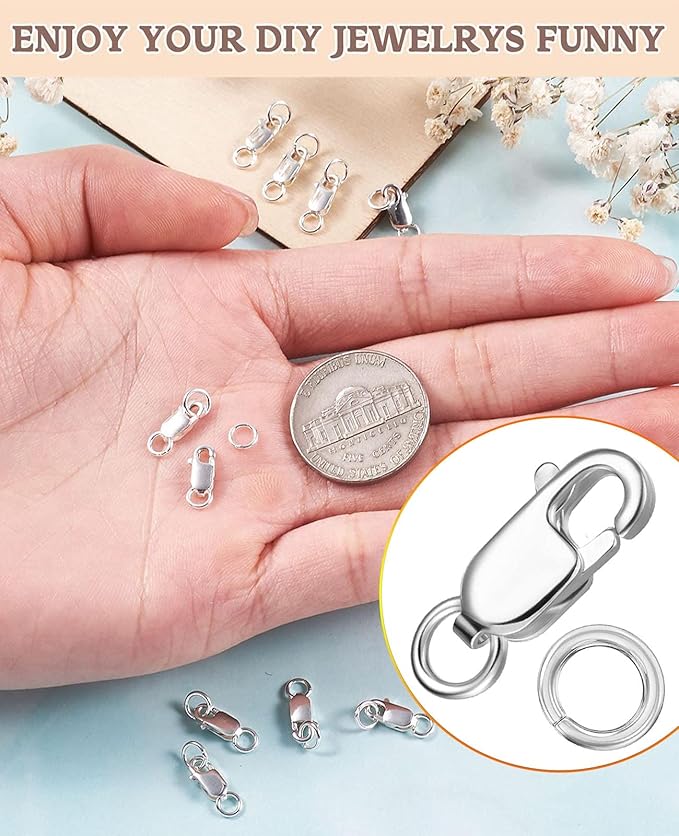 Kcctoo Silver Lobster Claw Clasp with Closed Jump Rings 14K Gold Necklace Clasps and Closures for Jewelry Making, Made in Italy 12mm(0.47inch) (Silver 12pcs)