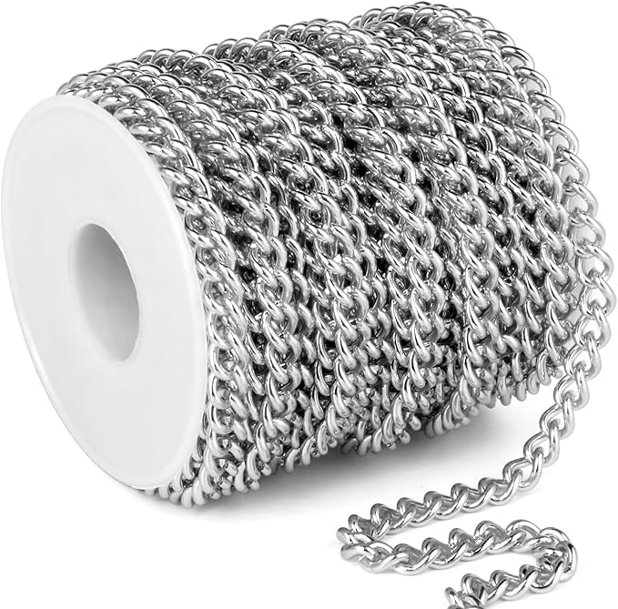 16.5 FT Stainless Steel Curb Chain Roll, 7mm 304 Stainless Steel Flat Twisted Links Curb Chains Bulk Spool for Jewelry Making Necklace DIY Craft