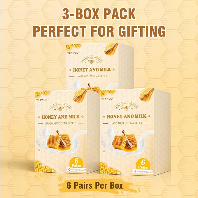 TEAWOO 18 Pairs Moisturizing Hand & Foot Masks with Honey, Milk, Vitamin E & Glycerin, Intensely Hydrating Foot Mask for Dry Cracked Feet, Moisturizing Socks for Cracked Heel Treatment