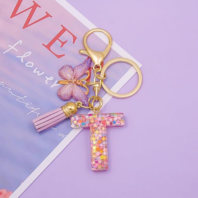 Fashion Alphabet Initial Letter Keychain Tassel Butterfly Pendant Key Ring for Purse Handbags Women Girl