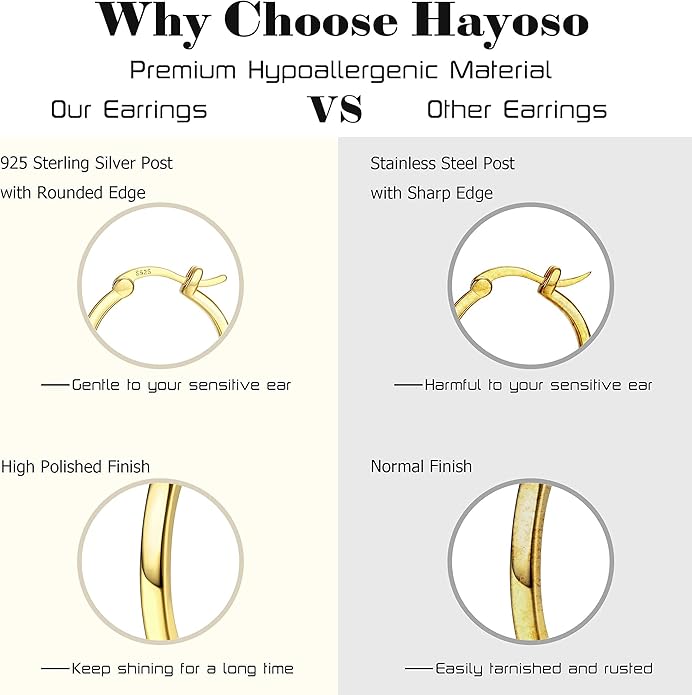 Hayoso 18K Gold Plated Hoop Earrings - 925 Sterling Silver Hoop Earrings Womens Hypoallergenic Hoops | Square Tube Hoop Earrings for Women 15mm/20mm/30mm/40mm