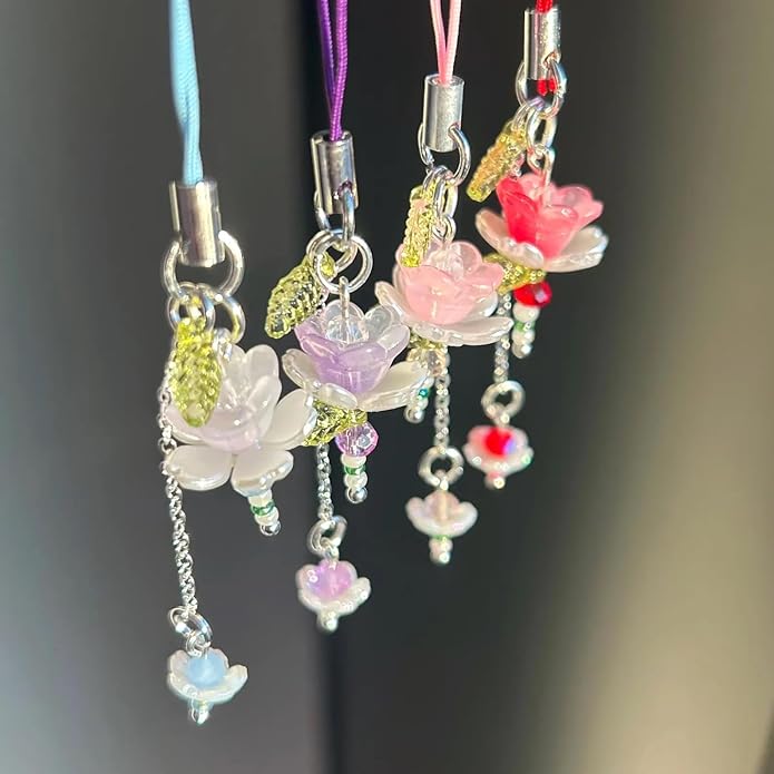 Agromusk Pink Flower Phone Charms,Cute Beaded Lotus Flower Phone Strap Handmade Decor for Women Y2K Accessories Keychain Bag Pendant Gift
