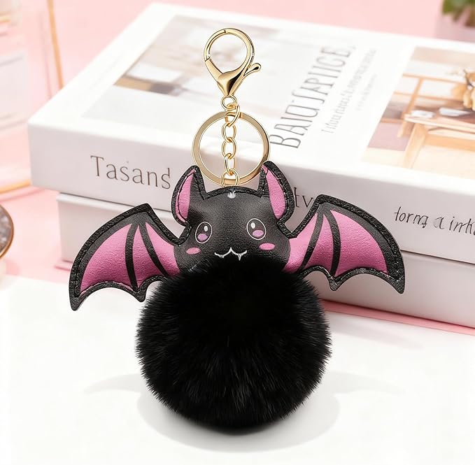Cute Pom Pom Keychain Plush Leather Bat Keychain Halloween Bag Charms Purse Charms for Handbags Gifts for Women