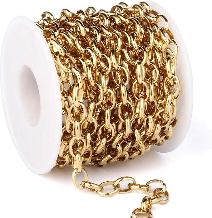 16.5FT Gold Oval Rolo Chains Roll, 7.5mm Width 18K Gold PVD Plated 304 Stainless Steel Oval Cable Link Chain Bulk Spool for Jewelry Making DIY Craft