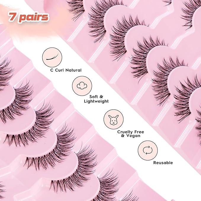 Wispy Lashes Cat Eye 14MM Natural Eyelashes C Curl False Eyelashes with 0.03MM Thin Band Lash Strips Soft Fake Lashes Pack Siligli 7 Pair