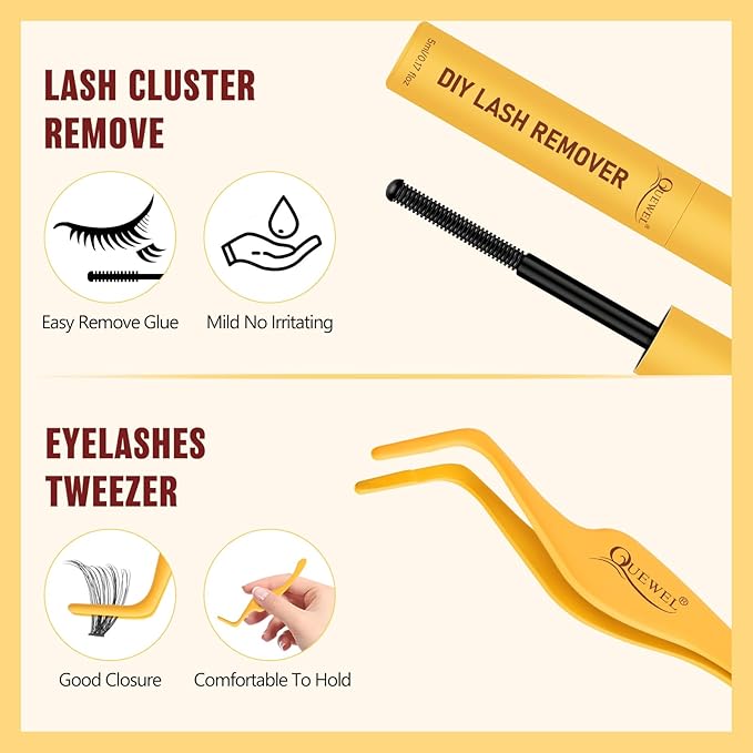 QUEWEL Lash Clusters Kit, 320 Pcs 40D Lash Cluster Eyelash Extensions 9-16mm Lash Clusters Wispy Kit with Eyelash Clusters Bond and Seal Glue Remover Tweezers (40D Kit)