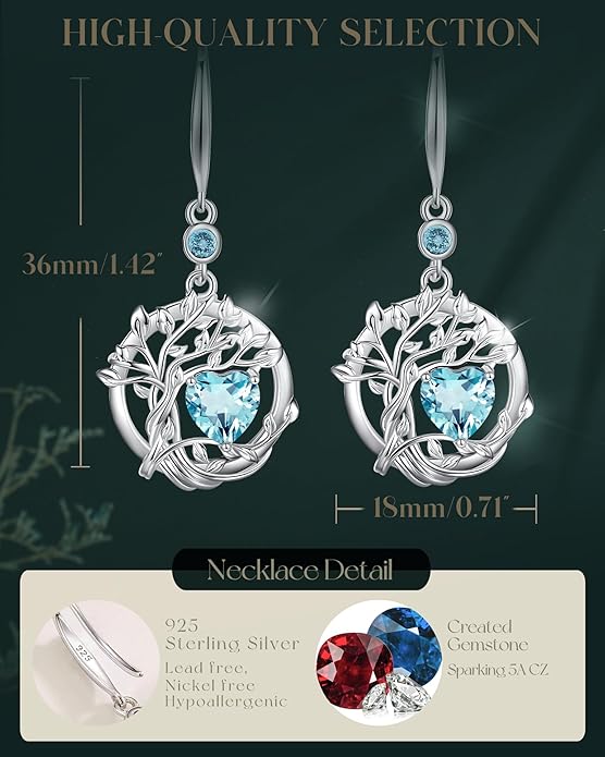 FANCIME Tree of Life Dangle Drop Earrings 925 Sterling Silver Dainty Round Gemstone Birthstone Earring Fine Jewelry Birthday Christmas Gifts for Her Women