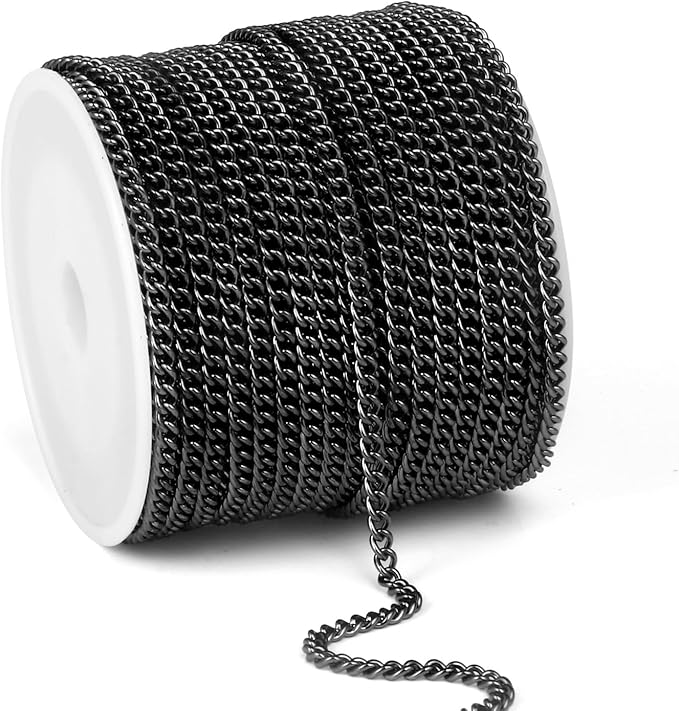 66FT Gunmetal Stainless Steel Curb Chains Roll, 3mm 304 Stainless Steel Black Flat Twisted Links Curb Chains Bulk Spool for Jewelry Making DIY Craft