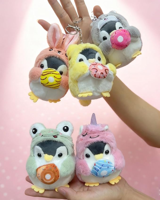 Penguin Plush Keychain Cute Stuff Cosplay Costume Change Clothing Donut Frog Unicorn Shiba Inu Bunny Tiger keyring