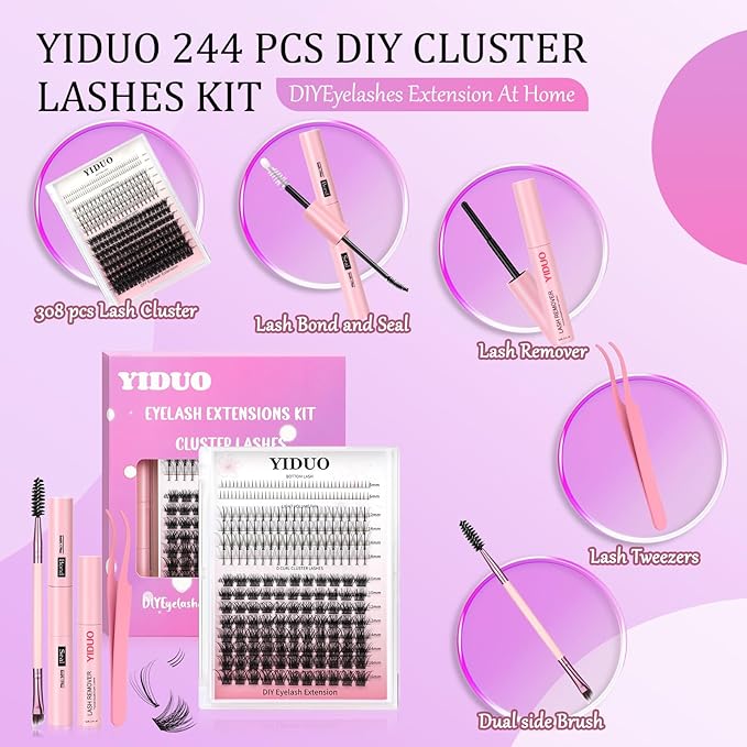 YIDUO Wispy Lash Clusters Kit Natural Individuals DIY Eyelash Extensions, C-Curl Volume Studio Effect 244Pcs Combo Pack with Bottom Lash|Glue|Tweezers|Removers|Eyelash&Eyebrow Brush