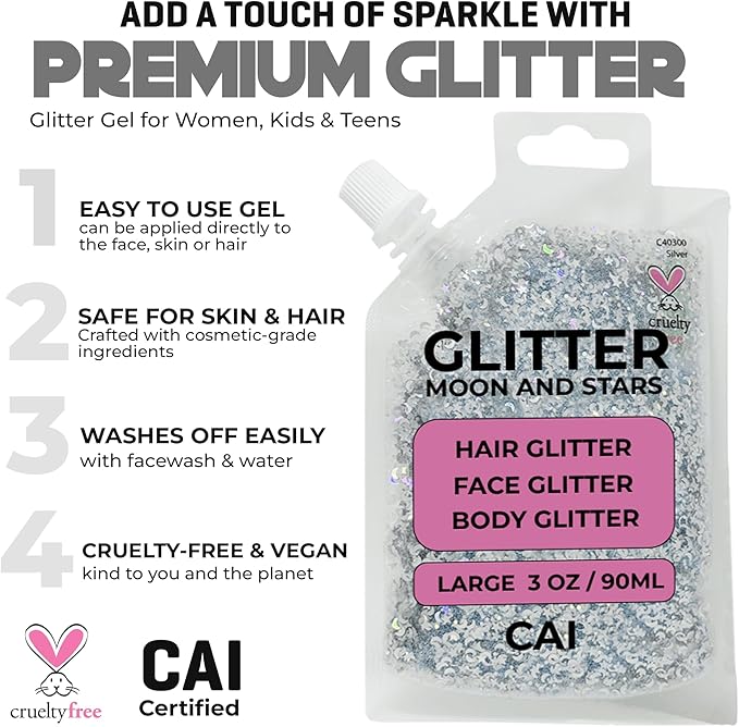Face, Body & Hair Glitter Gel – Halloween Glitter for Kids and Women – 3 Oz Cosmetic-Grade Gel w/Moon & Stars for Festivals & Halloween Party, Easy Apply & Wash Off - Violet 2Pack