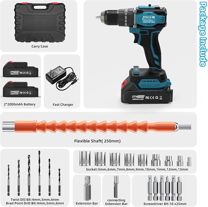 21V Cordless Power Drill/Driver Set, 50Nm Max Torque with 2 Batteries & Charger, 1/2 Inch Keyless Chuck, 3 Modes & 25 Position Torque Adjustment, 29Pcs Accessories for Home Use