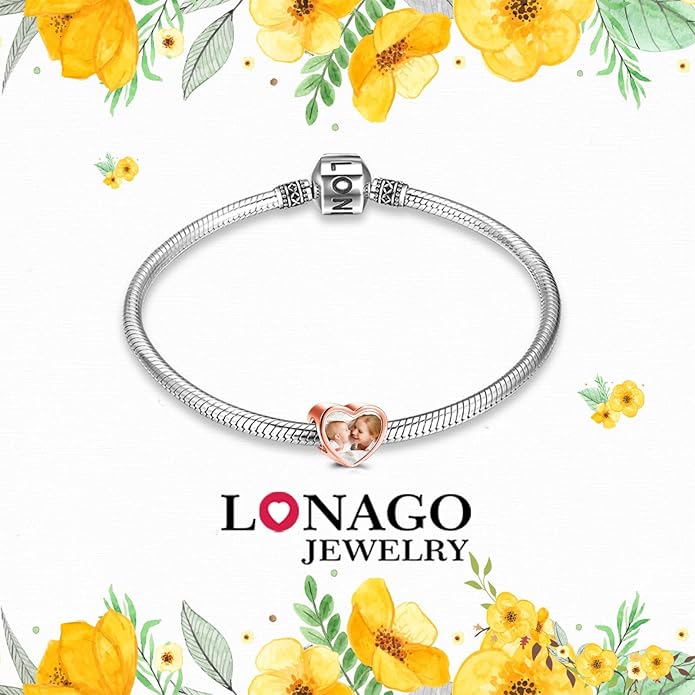 LONAGO 925 Sterling Silver Personalized Photo Charm Fit Compatible for Bracelet Necklace Customized Heart Round Shape Picture Bead