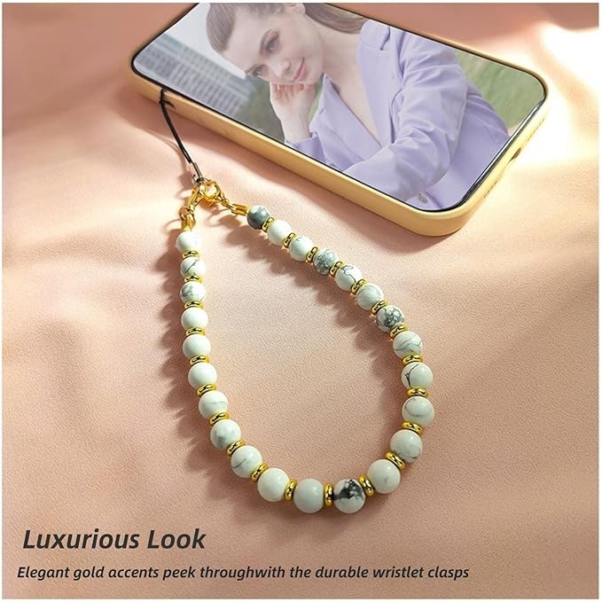 Marble Beaded Phone Wrist Strap,Detachable Phone Bracelet Strap with Tether Tab,Hands-Free Wristlet Strap (Marble-White)