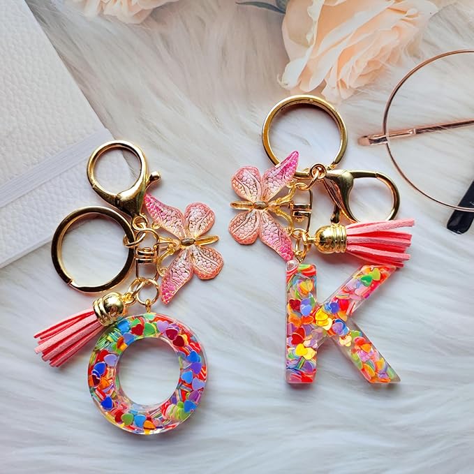 Cute Initial Letter Keychains for Women Girls Tassel Butterfly Pink Purple Green Keychain for Backpack School Bag