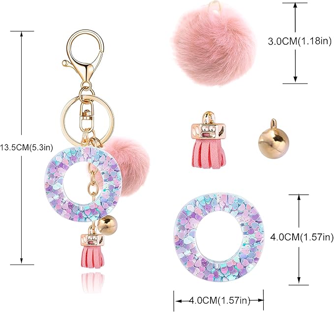 Resin Alphabet Initial Letter Keychain Keyring for Women Purse Handbags With Fur Ball Pom