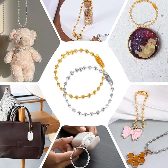 100 PCS Gold Sliver Ball Beads Chain, 4 Inch Dog Tag Chain for Jewelry Making, Stainless Steel Keychain Chains with Ball Chains Connector for Dog Tag Crafts Hanging Keychain Decoration Making