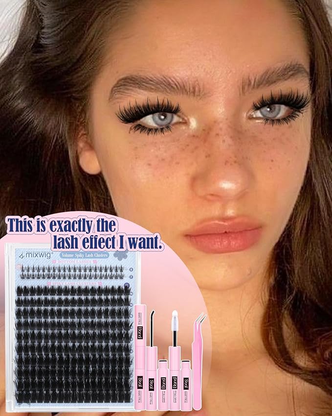 Wispy Lash Clusters Kit Spikes Volume Lash Extension Kit Spiky Eyelash Clusters with Bottom Lashes Thick Individual Lashes D Curly 6-22MM Cluster Lashes Bond and Seal Tweezers by Lvmixwig