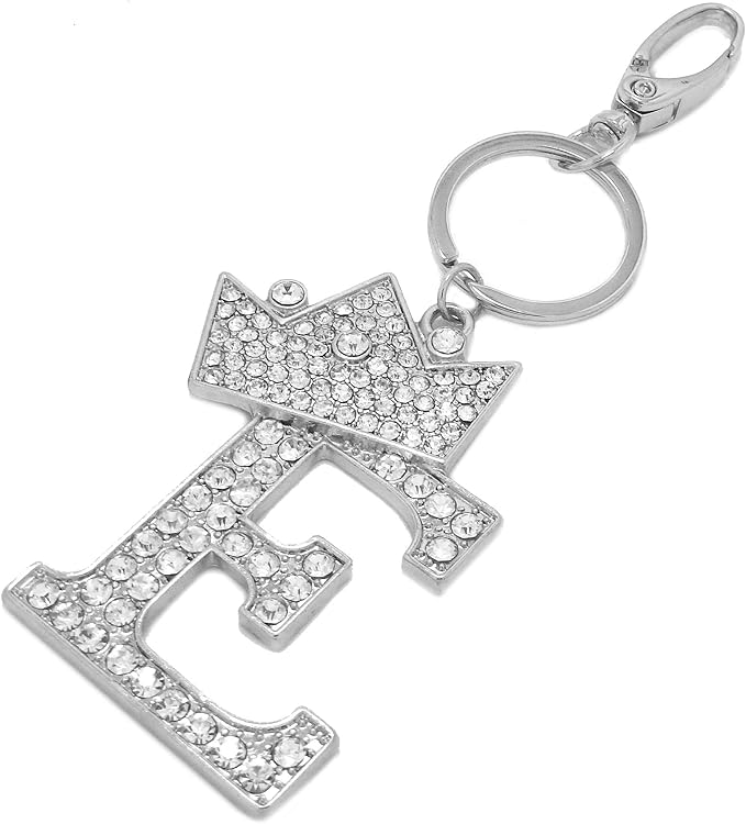 CBC Crown Crystal Rhinestone Letter Initial Keychain, Gold Metal, Bag Charm with Key Ring Approx. 2.17" x 2.56"