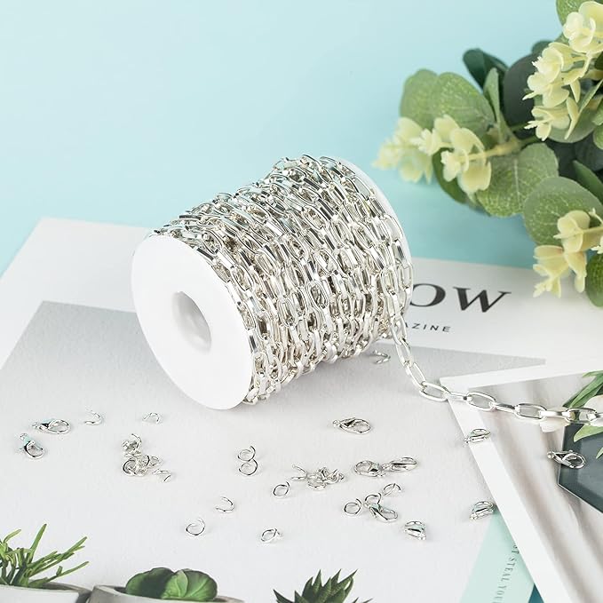 32.8 Feet Aluminum Flat Oval Silver Chains for Jewelry Making Unwelded Paperclip Link Cable Chain Spool Necklace Chains Bulk with Lobster Clasps and Jump Rings