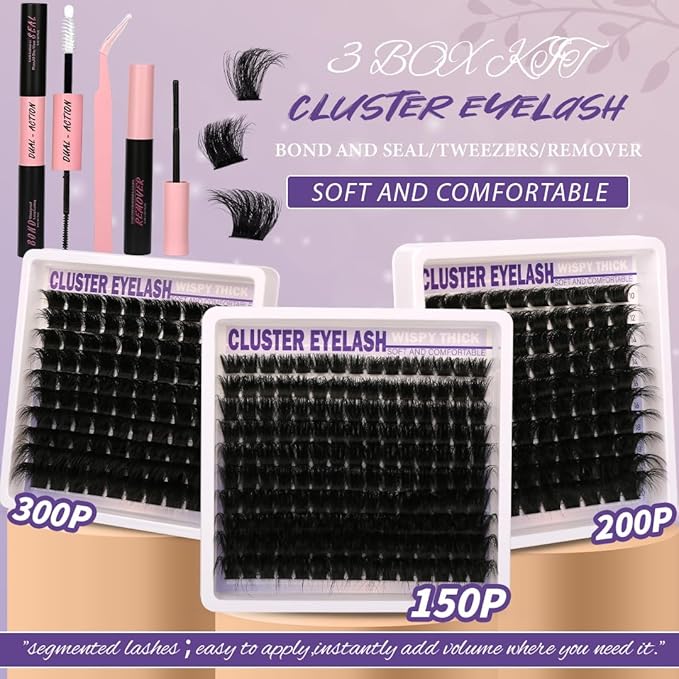 Lashes Clusters Kit Gift Packs 3 Styles 350Pcs with Bond&Seal Glue Remove Volume Soft False Eyelash Extension 150D+200D+300D D Curl Wispy DIY Individual Fake Eyelashes Box for Beginners Bulk Pack