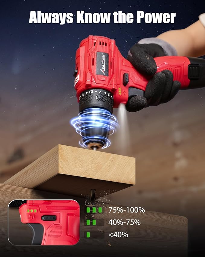 AVID POWER Brushless Power Drill Set, 2-Speed Control, 3/8-Inch Keyless Chuck & 25+1 Position, 12V Electric Drill Cordless Driver Kit with 2000mAh Battery, Charger and 22pcs Accessories