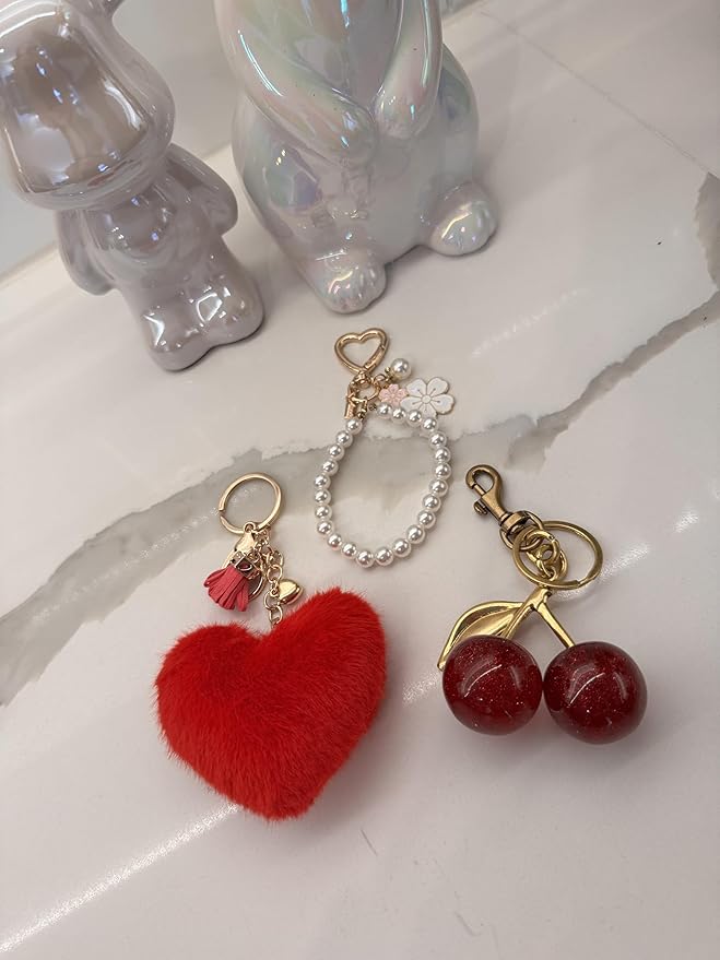 3Pcs Cherry Bag Charm Keychain Set 2025 – Faux Pearl Heart Puffball Pom Pom Purse Accessories Gift for Women Girls