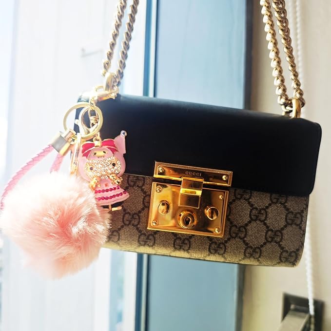 Cute Keychain for Women with Braided Rope, PomPom and Sparkling Rhinestones - Kawaii Charm for Kinds of Bags