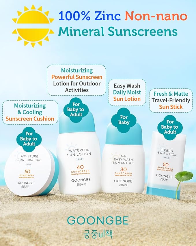 GOONGBE Moisture Sun Cushion Mild SPF 50 - Korean Moisturizing & Soothing Zinc Oxide Mineral Sunscreen - Travel Friendly Sun Cushion for Babies & Kids - Vegan, Reef-Safe, Allergen-Free, 0.81oz.