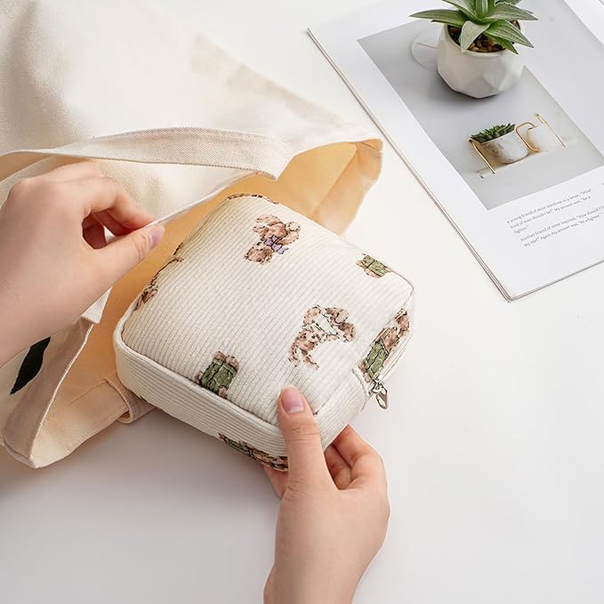 uekeboag Cute Small Corduroy Zipper Makeup Bag, Mini Coquette Aesthetic Pouch with Bear Pattern for for Purse,Key Pocket Lipstick Bag Card Holder Data Cable Organizer for Women Girls (04Light Taup)