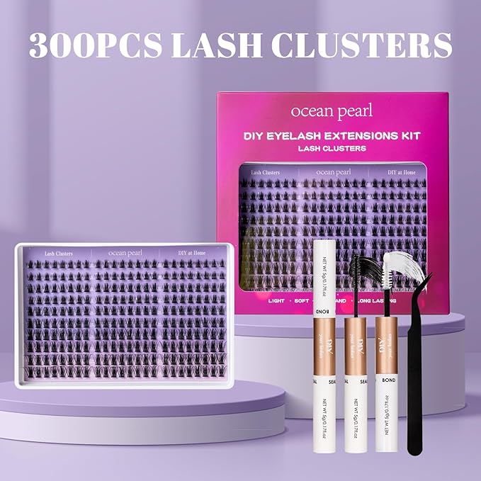 Ocean Pearl Lash Clusters Kit 300pcs,Eyelashes,spike-effect cluster lashes,10-18mm manga/anime-inspired lashes clusters,eyelash clusters,DIY Cluster Eyelash Extensions with lash bond+seal+tweezers-M33