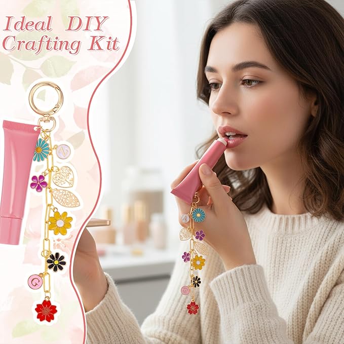 VioraWhite Lip Gloss Charm Kit Lip Gloss Keychain Making Kit Including Assorted Charms Keychain Clips Extender Chain(794 Pcs,Flower Style)