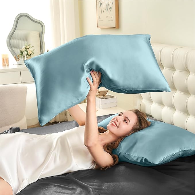 INFIIXSO Mulberry Silk Pillowcase for Hair and Skin, Silk Pillow Cases Queen Size with Hidden Zipper 20x30 Inches, Super Smooth and Soft Cooling Pillow Cases for Hot Sleepers(Haze Blue, 1 Pack)
