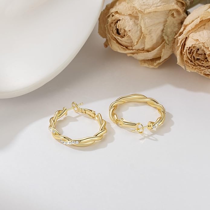 ENROSE Gold Plated Hoop Earrings 14K Gold Plated Earring for Women Twisted Large Hoop Earrings Minimalist Diamond Earring Jewelry 29mm*4mm
