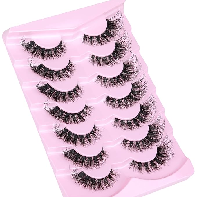 Wispy Lashes Cat Eye False Eyelashes Natural Lashes Fuzzy Strip Fake Eyelashes Fox Eye Lashes with Clear Band Lashes 7 Pairs