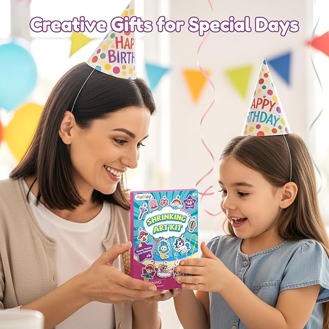 Auihiay DIY Shrinking Art Kit for Kids, 48Pcs Pre-Cut Charms, Unicorn, Princesses Shapes, No Mess Creative Activity Jewelry Making Shrinky Art Kit with Pencils, Keychains, and Cartoon Stickers