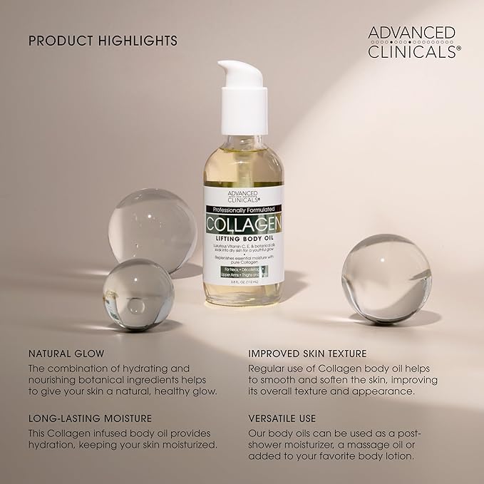 Advanced Clinicals Collagen Peptides Firming Body Lotion Face Cream + Collagen Body Oil Moisturizer 2PC Skin Care Set For Women & Men | Skin Tightening Dry Skin Moisturizing Cream & Massage Oil, 2PC
