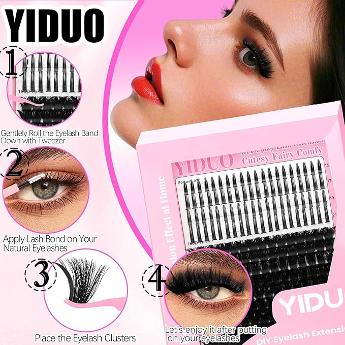 YIDUO Lashes Clusters Kit 150D Volume EyeLash Clusters with Spikes 12-20MM D Curl Manga Wispy Eyelashes Extensions Kit 230pcs Thick Individual DIY Eyeash Clusters with Bond and Seal Tweezers Removers