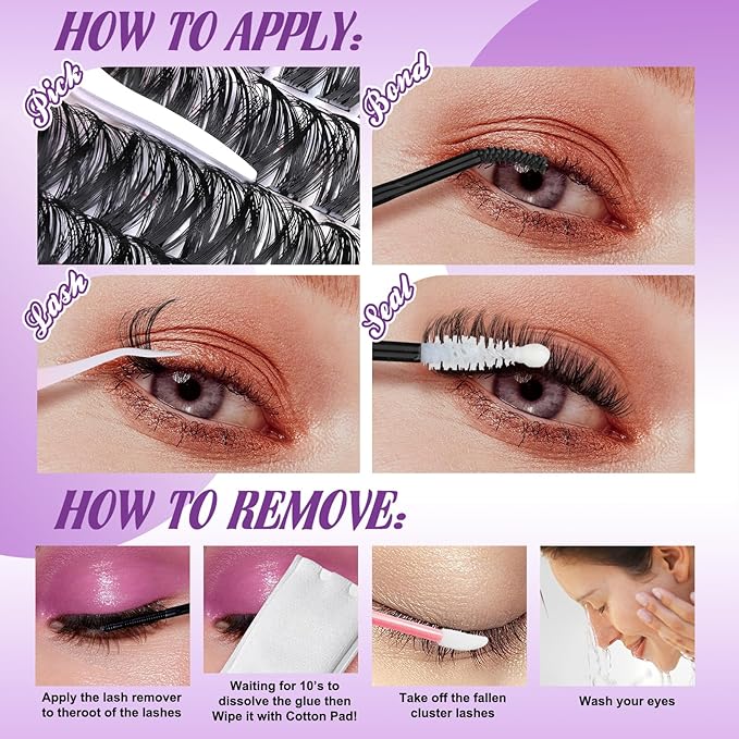Yawamica DIY Lash Extension Kit 300pcs Individual Clusters Eyelash Extensions 10-20mm 50D Lash Clusters Kit With Lash Bond and Seal, Remover and Lash Applicator DIY Lash Kit for At-Home Use