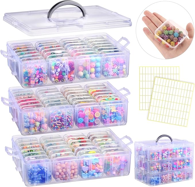 Bead Organizer Box, 84pcs Small Plastic Containers with Lids and Labels, 3-Tier Stackable Storage Box, Mini Clear Bead Storage Boxes for Jewelry Craft Diamonds Beads DIY Nail Screw Small Parts