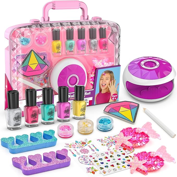 Amagoing Kids Nail Polish Set for Girls, All-in-One Nail Art Kit with Storage Box Ages 6-8, Non Toxic Peelable Nail Polish, Nail Dryer, Hair Clip, Girl Makeup Case Toys Birthday Gift for 5 6 7 8 9