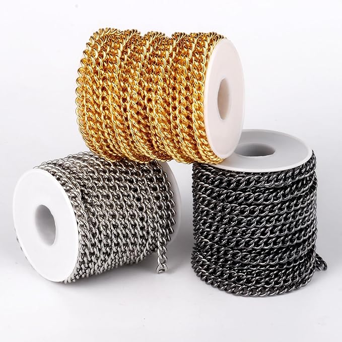 33FT Stainless Steel Curb Chain Roll, 6mm 304 Stainless Steel Flat Twisted Links Curb Chains Bulk Spool for Jewelry Making Necklace DIY Craft