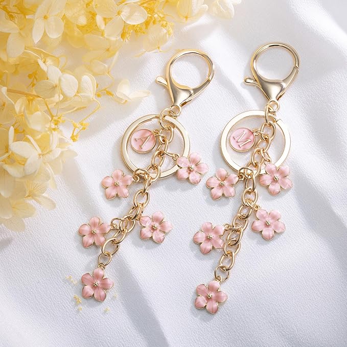 XGALBLA White Pink Black Cute Initial Letter Keychain for Women, Flower Bag Charms Enamel Keyring for Handbag Backpack