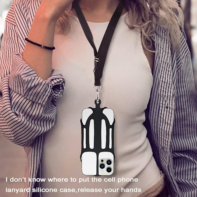 Phone Lanyard, Phone Lanyards for Around the Neck, 2 in 1 Phone Strap with Silicone Phone Holder and Patch, Fits iPhone and Most Cell Phones (Black)