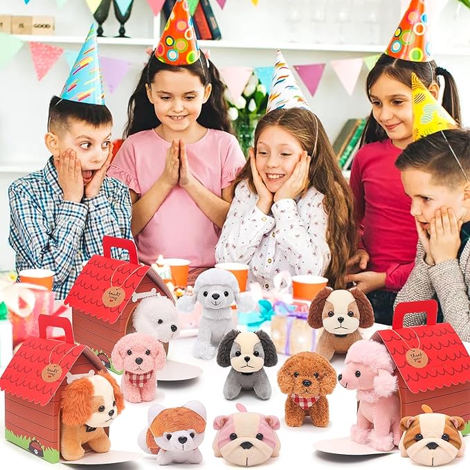 12 Pcs Mini Plush Puppy Set, Adopt A Pet Dog Party Favors with Keychain Gift Toys with Carton Dog House, Kids Baby Show Birthday Christmas Party